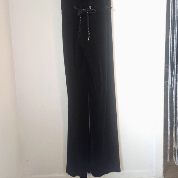 JUICY COUTURE Black Velour Wide Leg Romper Jumpsuit w Drawstring Waist Y2K - Picture 8 of 12